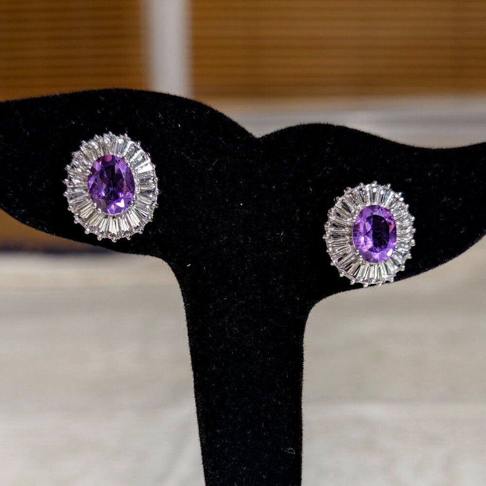 Earrings with Amethyst and Topaz halo, set in Sterling Silver, Rhodium Plated